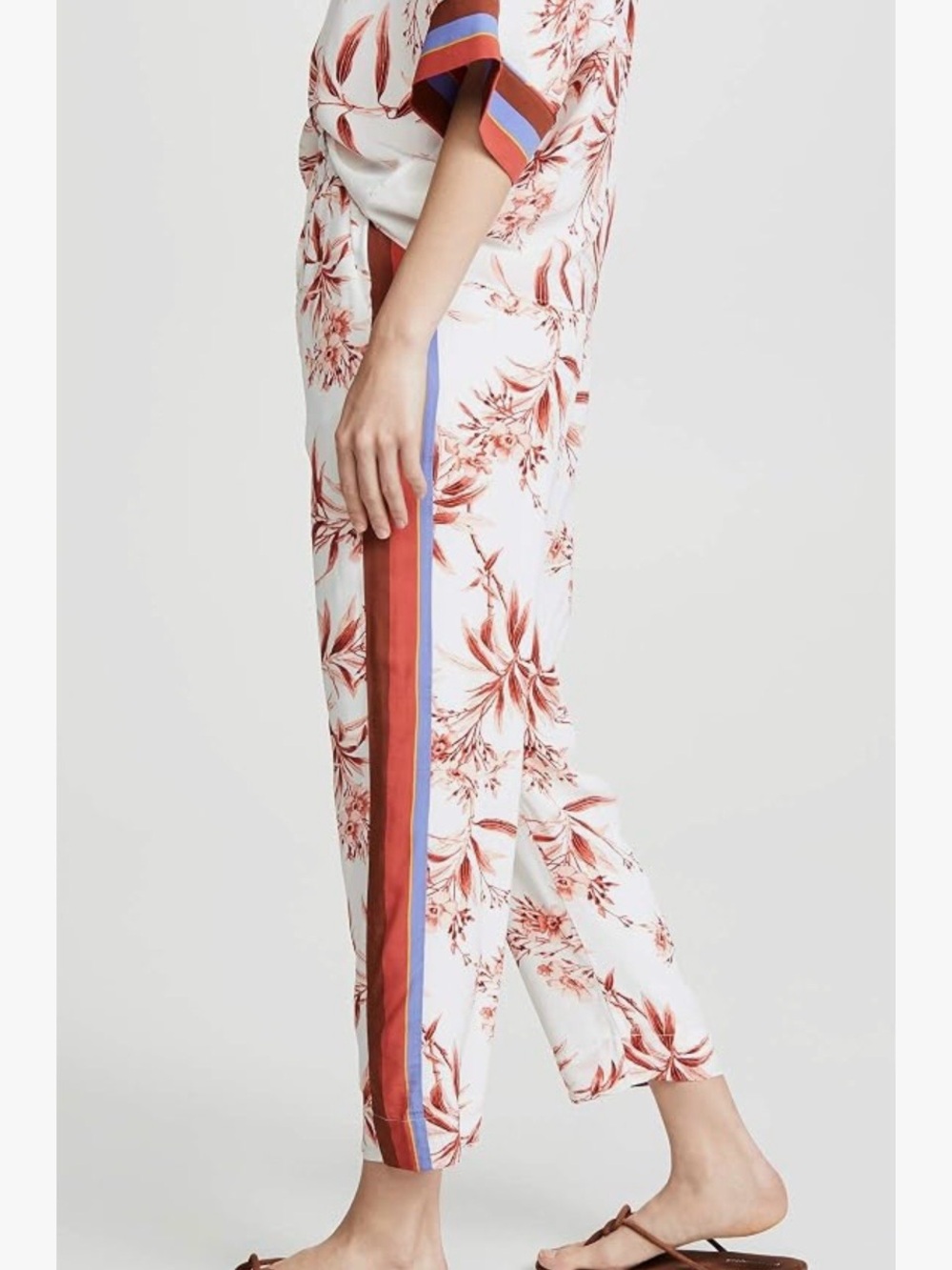 Joie White Cropped Floral Pants with Rust and Blue Side Stripes